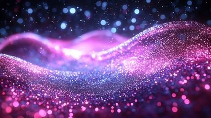 Poster - Glowing and shimmering DNA strands undulating in a dynamic futuristic 3D digital space with colorful luminous particles and energy fields  This abstract conceptual represents the complex