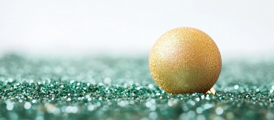 Poster - Golden Christmas ornament on shimmering green glitter with a soft white backdrop creating a festive and elegant holiday atmosphere.