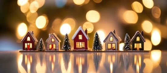 Poster - Charming holiday scene with miniature toy houses and glittering lights creating a festive atmosphere on a reflective surface