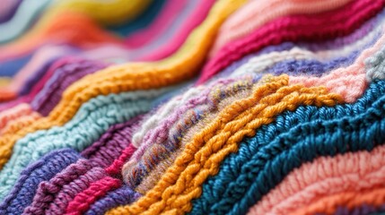 Poster - Vibrant hand knitted textile pattern showcasing intricate textures and colorful yarn stitches in a closeup view
