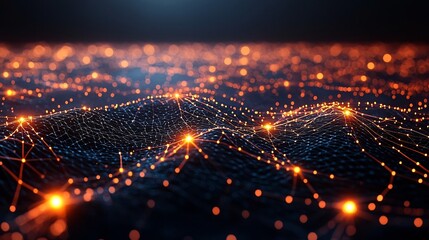 Poster - vibrant glow of a dynamic hi tech mesh network with luminescent nodes in motion showcasing the inter