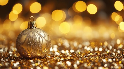 Poster - Elegant golden Christmas ornament on a shimmering golden background with blurred lights creating a festive holiday atmosphere.