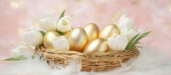 Wall Mural - Golden Easter eggs nestled in a basket with tulips and feathers against a pastel pink background for spring holiday decoration