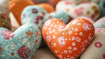 Poster - Colorful handmade heart cushions with floral patterns on a soft background creating a cozy and inviting atmosphere for home decor
