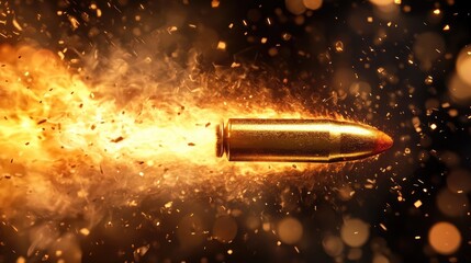 Fototapete - Dynamic golden bullet in flight surrounded by blazing flames and sparks against a dramatic dark background.