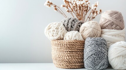 Poster - Handmade macrame supplies featuring cotton threads and decorative dried flowers in a woven basket on a light backdrop