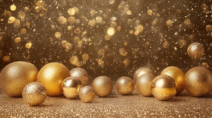 Poster - Elegant golden Christmas ornaments on a shimmering glitter background for festive holiday celebrations and decorations.