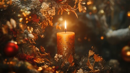 Poster - Golden candle illuminated in front of a beautifully decorated Christmas tree creating a warm holiday atmosphere.