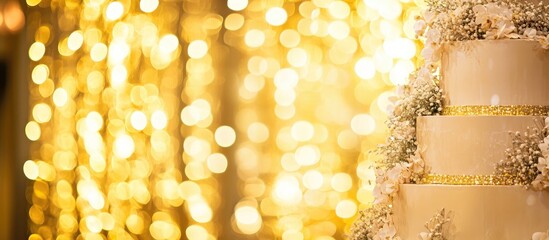 Poster - Elegant golden bokeh lights background ideal for festive celebrations and wedding decor with a soft focus effect on a cake design.