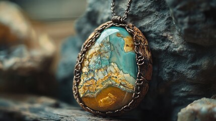 Poster - Beautiful handcrafted jewelry featuring a stunning natural stone pendant on textured background