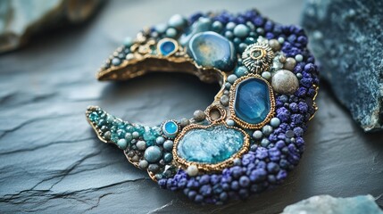 Poster - Artistic handmade jewelry brooch crafted from natural stones showcasing intricate design and vibrant colors on a textured background