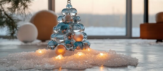 Poster - Handcrafted decorative Christmas tree with glass ornaments and warm candlelight on a crystal-like snowy surface setting