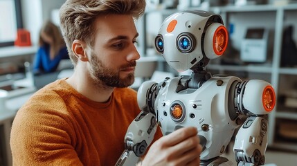 Poster - Engineers working on a robotics project examining and testing a futuristic robotic device in a high tech laboratory setting
