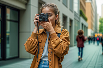 Young woman photographing in urban street with retro-modern style