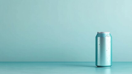 Poster - Silver Aluminum Can Mockup On Pastel Blue Background. Refreshing Beverage Packaging With Copy Space