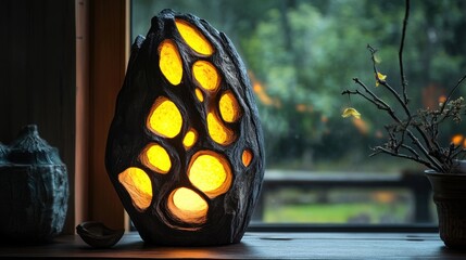 Poster - Artistic handcrafted lamp featuring warm yellow lights illuminating a textured stone design in a serene indoor setting.