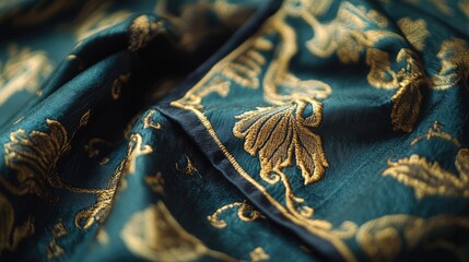 Poster - Elegant embroidered handkerchief with intricate gold floral pattern on deep green fabric showcasing fine textile craftsmanship and design.