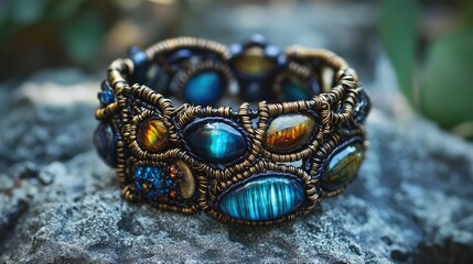 Poster - Crafted wire and bead bracelet showcasing intricate design and vibrant colors set against a natural stone background.