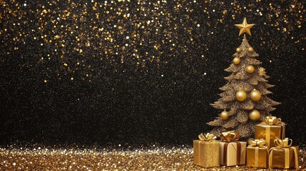 Poster - Elegant golden Christmas tree with gifts on shimmering glitter background ideal for festive holiday celebrations and seasonal promotions
