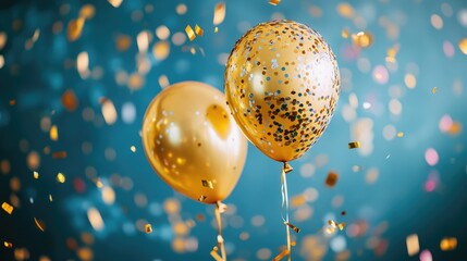 Poster - Golden balloons with confetti floating in festive atmosphere vibrant background placeholder for your design event celebration mood