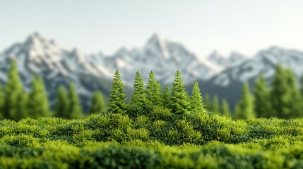 Poster - A serene landscape featuring lush green trees in the foreground, with majestic mountains blurred in the background.