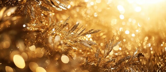 Poster - Golden holiday decorations with shimmering lights creating a luxurious festive atmosphere suitable for winter celebrations and greetings.