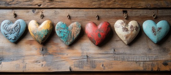 Poster - Handcrafted vintage hearts arranged on a rustic wooden surface showcasing artistic designs and warm colors for a charming decor touch