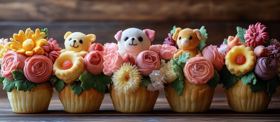Aufkleber - Delightful cupcake arrangements featuring playful animal figurines surrounded by vibrant flower decorations on a rustic wooden background