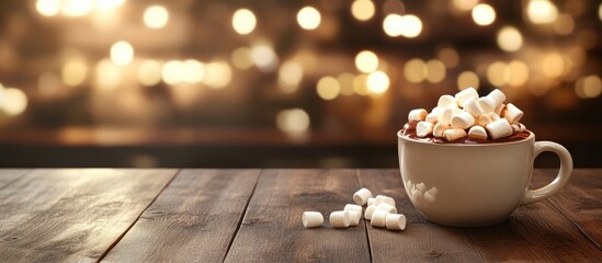 Poster - Cozy hot chocolate topped with marshmallows on a rustic wooden table with a warm bokeh background for seasonal festive vibes