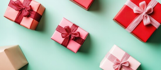 Leinwandbilder - Festive red and pink gift boxes arranged on a soft pastel mint background creating a cheerful holiday atmosphere