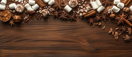 Poster - Cozy hot chocolate arrayed with marshmallows and spices on a rustic wooden background inviting comfort and warmth during winter months
