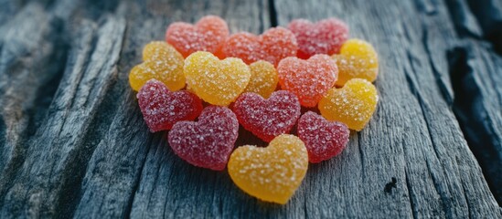 Aufkleber - Colorful heart-shaped candies arranged on a rustic timber backdrop creating a charming and sweet visual display for romantic themes.