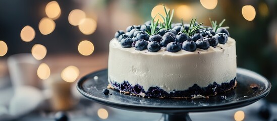 Poster - Blueberry Cake Decoration with Rosemary and Bokeh Lights in a Cozy Setting for Culinary and Food Photography