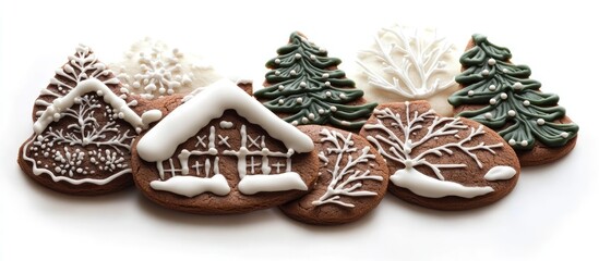 Poster - Homemade festive gingerbread cookies decorated for the Christmas holiday season featuring winter themes and charming designs