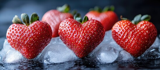 Aufkleber - Heart shaped strawberries on ice presented as a romantic dessert for Valentine's Day celebration.