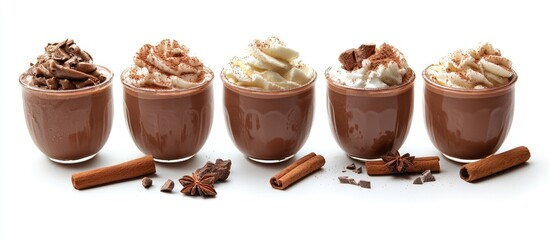 Poster - Gourmet hot chocolate selection with whipped cream nutmeg and cinnamon on a clean white background perfect for winter promotions