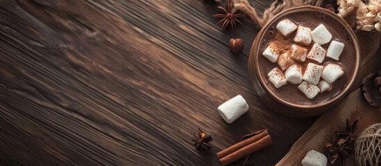 Poster - Cozy hot chocolate with marshmallows and spices served on a rustic wooden table surrounded by winter ingredients and textures