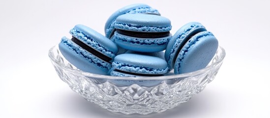 Poster - Blue French macaroons with black currant flavor arranged in a crystal bowl on a white background showcasing gourmet dessert presentation