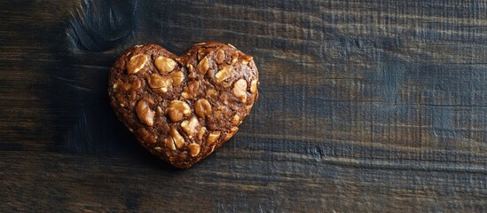 Poster - Heart shaped snack placed on dark wooden surface with ample copy space for romantic or culinary themes.