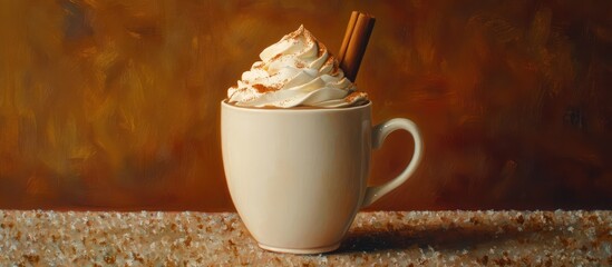 Poster - Creamy hot chocolate latte topped with whipped cream and cinnamon stick in a ceramic cup on a decorative table ready for festive enjoyment
