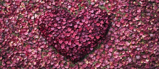 Poster - Heart shape created from rose petals on a vibrant background of scattered rose petals symbolizing love and romance in nature.