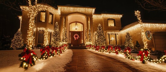 Poster - Festive Christmas lights and decorations adorning a beautifully illuminated home during the holiday season at night.