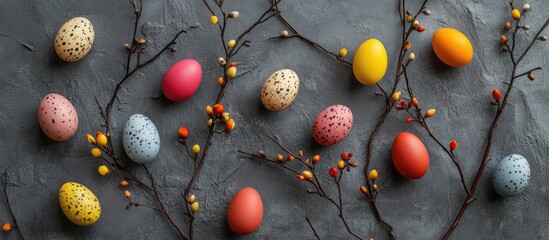 Fototapete - Multicolored Easter eggs and budding branches arranged on a gray backdrop creating a festive flat lay composition with ample copy space.