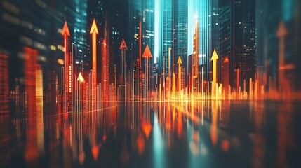 Poster - dynamic financial trends visualized through a futuristic cityscape at night featuring digital arrows