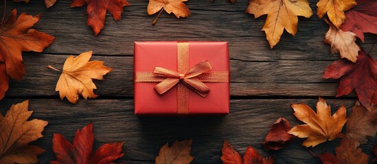 Aufkleber - Holiday gift box surrounded by autumn leaves on rustic wooden surface top view festive seasonal background