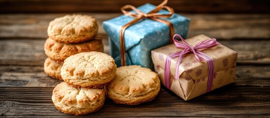 Poster - Delicious biscuits beside beautifully wrapped gifts on rustic wooden surface perfect for holiday celebrations and festive occasions