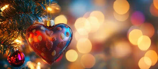 Poster - Vibrant heart-shaped Christmas ornament hanging on a festive tree with a colorful glowing bokeh background