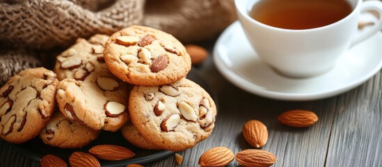 Poster - Homemade almond cookies served with a cup of tea on a rustic wooden table with scattered almonds.