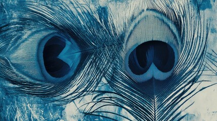 Poster - Cyanotype artwork featuring intricate details of handmade peacock feathers on a textured background