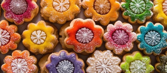Poster - Colorful Holiday Linzer Cookies with Decorative Icing and Powdered Sugar on a Festive Background